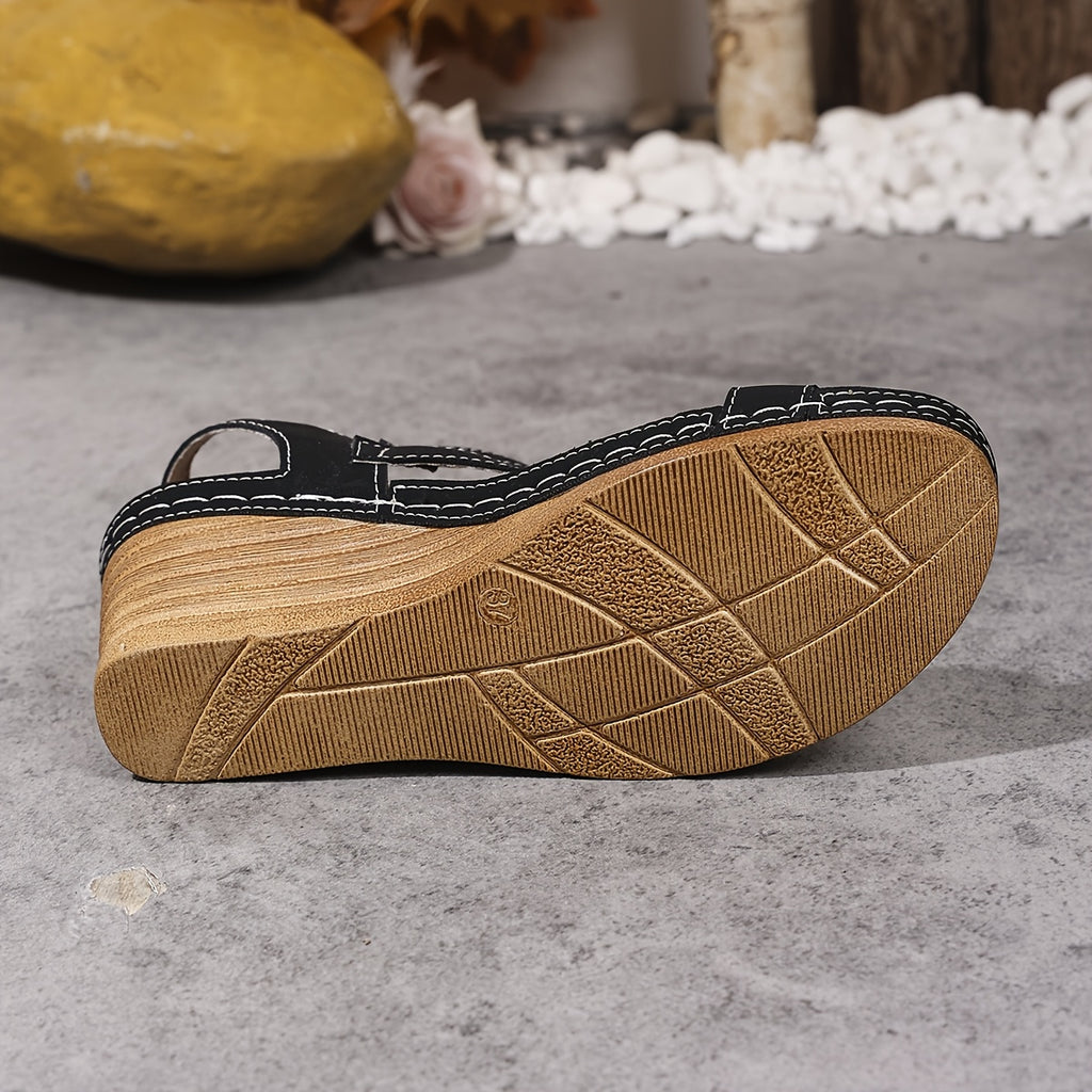 [Summer Wedge Sandals] Black Women's Summer Wedge Sandals | Adjustable Hook-and-Loop Straps, Open-Toe High Heel, Breathable Faux Cover, PU Sole, Chunky Heel, Versatile Fashion Shoes