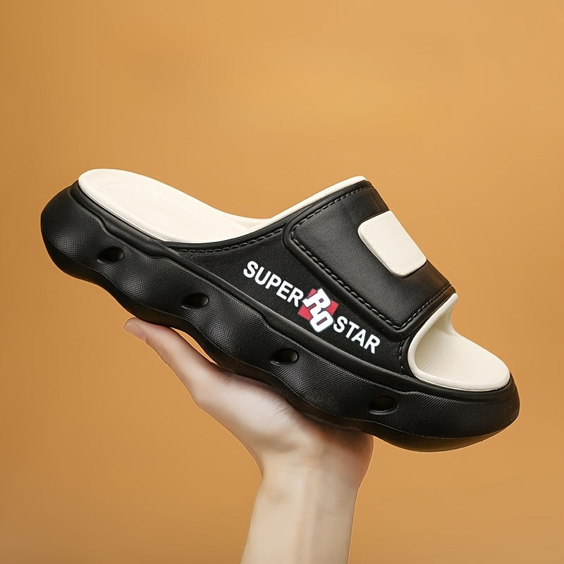 Women's SUPER STAR Print EVA Slide Sandals - High Quality Slip-Resistant Soft Sole Open-Toe Beach Slippers for Outdoor, Casual & Home Use - Light Beige with Teal Accents, Indoor Slippers | Opentoe Sandals | Lightweight Sandals