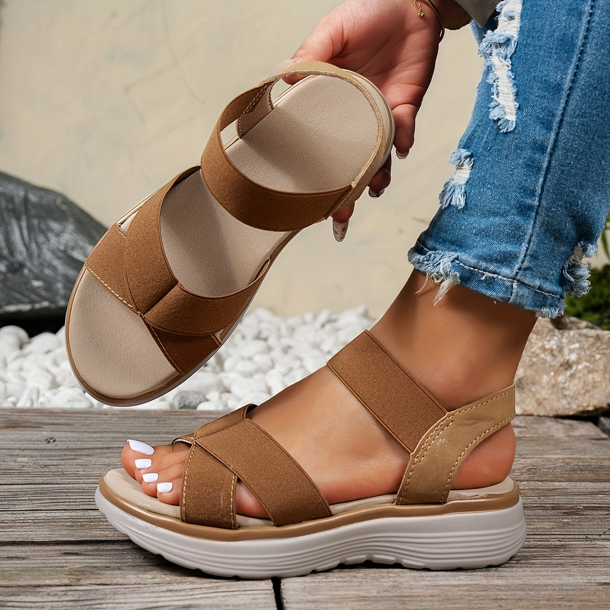 [Stylish Flat Sandals] Stylish UMIK Women's Flat Sandals | Elastic Strap, Crisscross Design, Casual Summer Flats, Sporty Leisure Shoes
