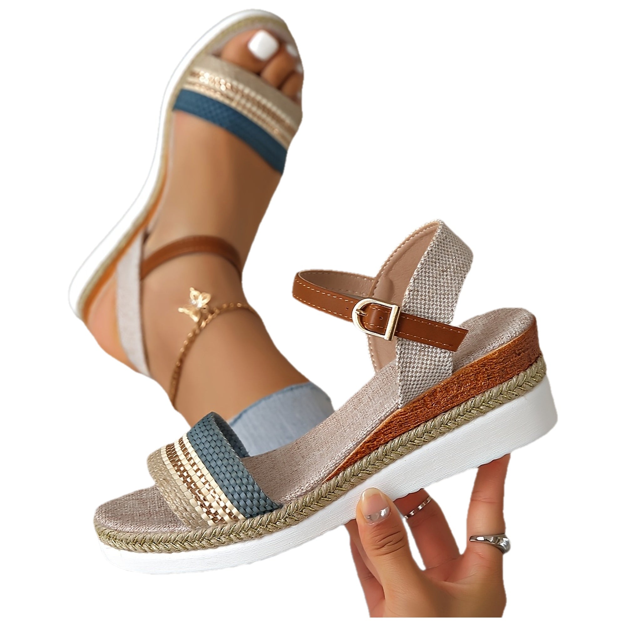 [Bohemian Platform Sandals] Bohemian Platform Sandals for Women - Open Toe Slip-On Wedge with Non-Slip Sole, Braided Straps, Beige Upper | Casual Summer Vacation Beach Footwear | Bohemian Sandals | Platform Heel Sandals
