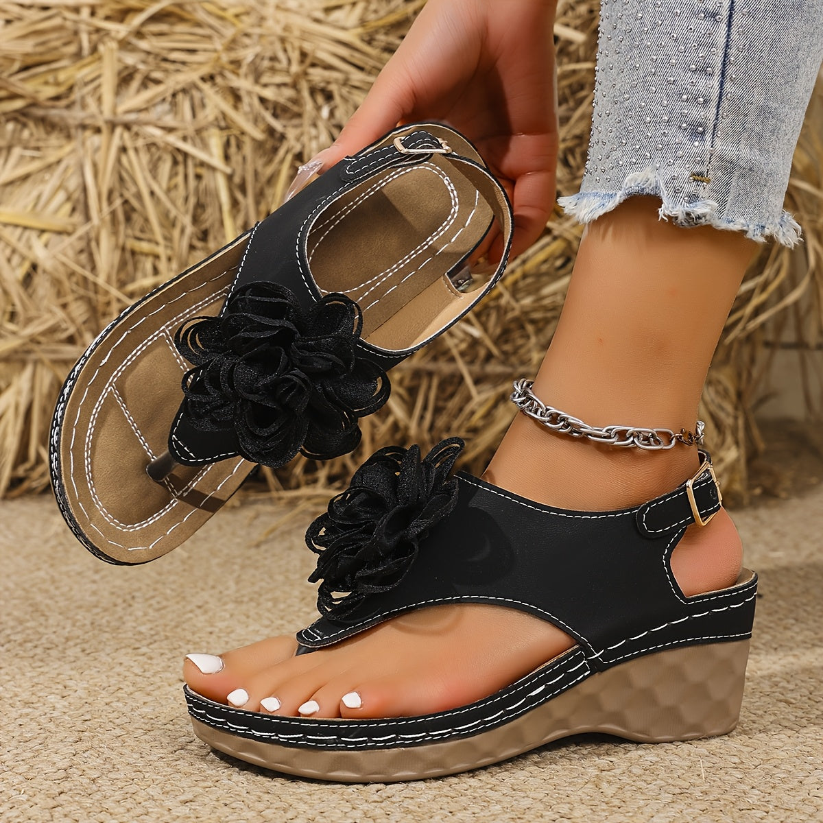 [Summer Sandals] Comfortable Lightweight Women's Summer Wedge Sandals | Slip-On Open-Toe Casual Shoes with Floral Accents, Soft Synthetic Cover & PU Sole for Beach, Office, or Casual Attire