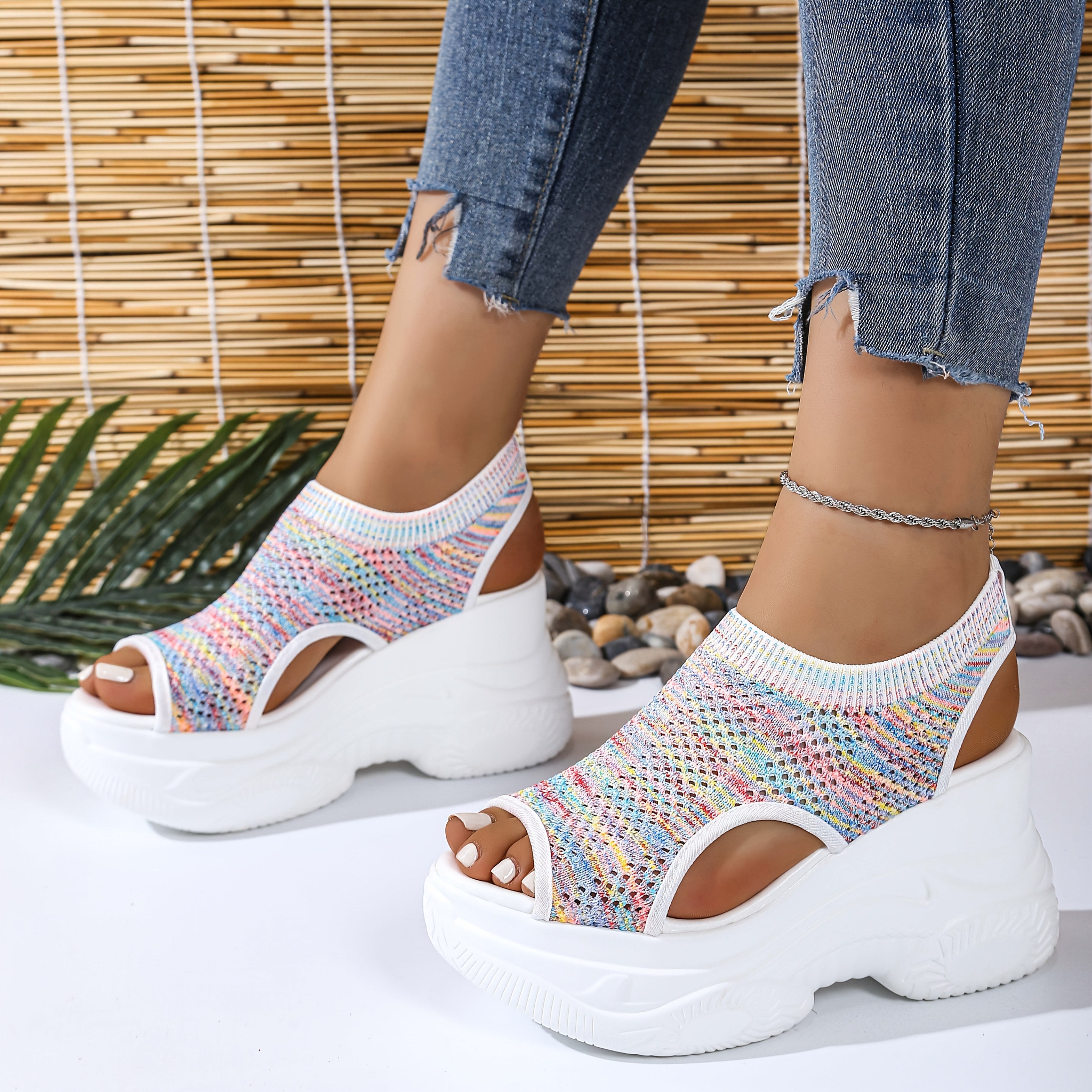 Women'S Lightweight Breathable Crochet Wedge Sandals - Open-Toe Thick Sole Casual Shoes with Ankle Strap, White & Colorful Geometric Pattern, Perfect for Casual Attire, Strappy Sandals