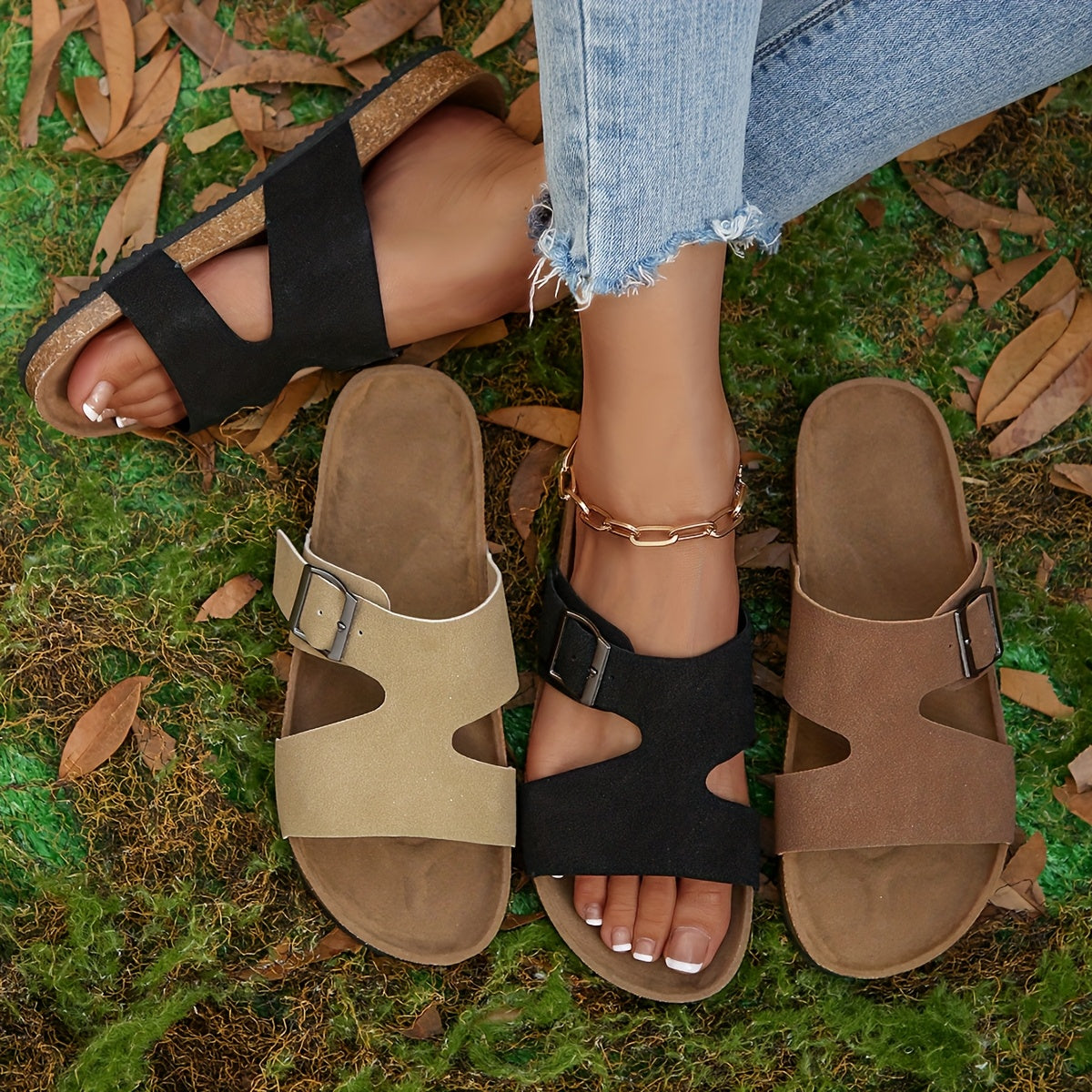 Women's Casual Slip-On Flat Sandals - Soft Cover Fabric with Adjustable Ankle Strap, Lightweight Breathable Summer Shoes, Black with Golden Accents, Comfortable for Casual Attire, Open Toe Design, Durable Tpr Sole