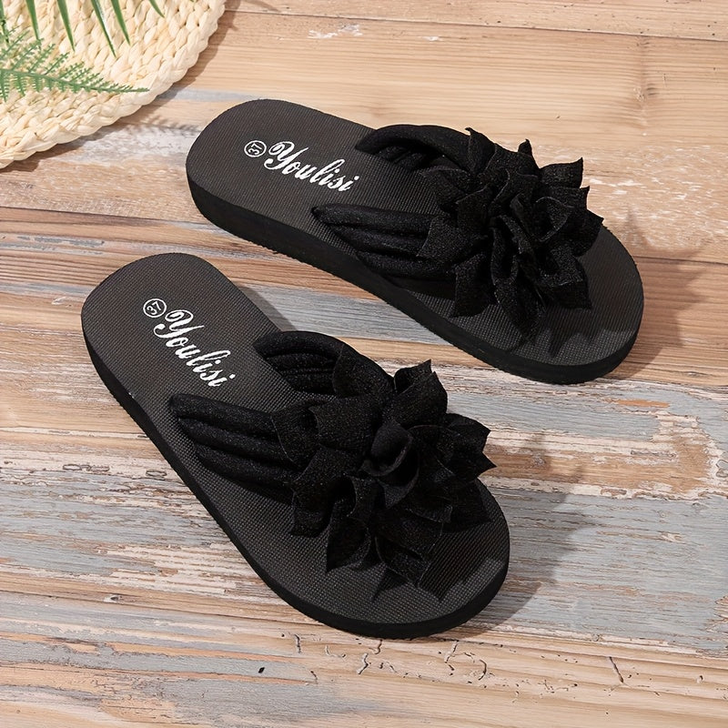 Women'S Floral Lace Trim Flip-Flops - Green & White EVA Wedge Sandals with Fabric Upper & Non-Slip Sole for Summer Beach, Casual Outings, Ladies Flip Flops, Beachwear Essentials, Decorative Flower Design, Comfortable Footwear