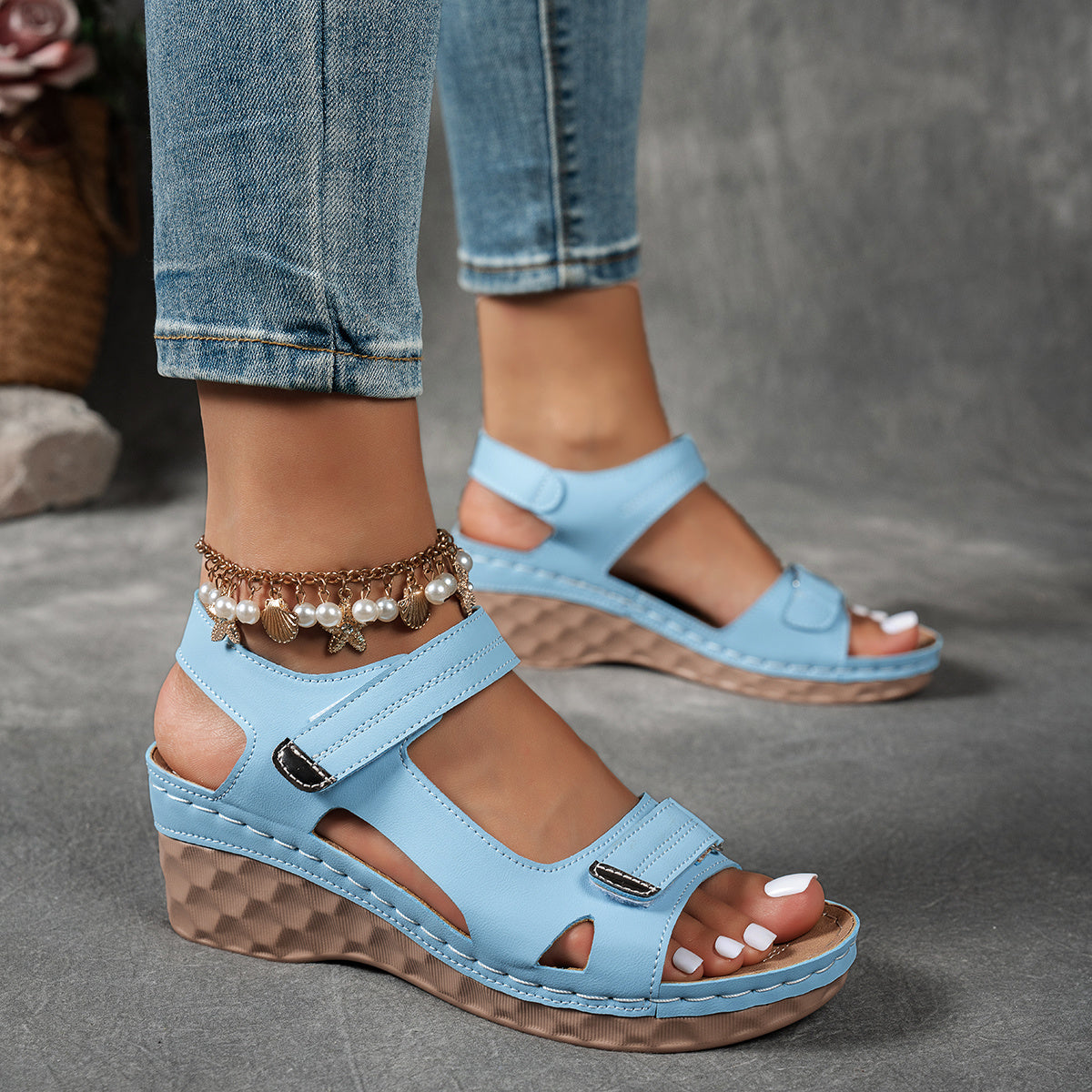Women'S Summer Casual Black Sandals - Breathable PU Cover Open-Toe Platform Heel with Adjustable Ankle Strap, 2.44inch Thick Cushioned Sole & Hook-and-Loop Closure for All-Day Comfort, Comfortable Footwear, Durable Footwear