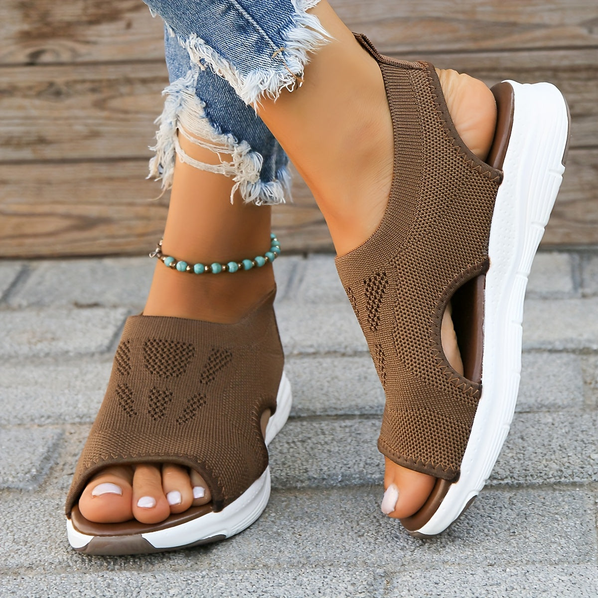 [Knitted Sandals] Peep Toe Knitted Women's Wedge Sandals | Outdoor Sports Slip On Shoes, Cut Out