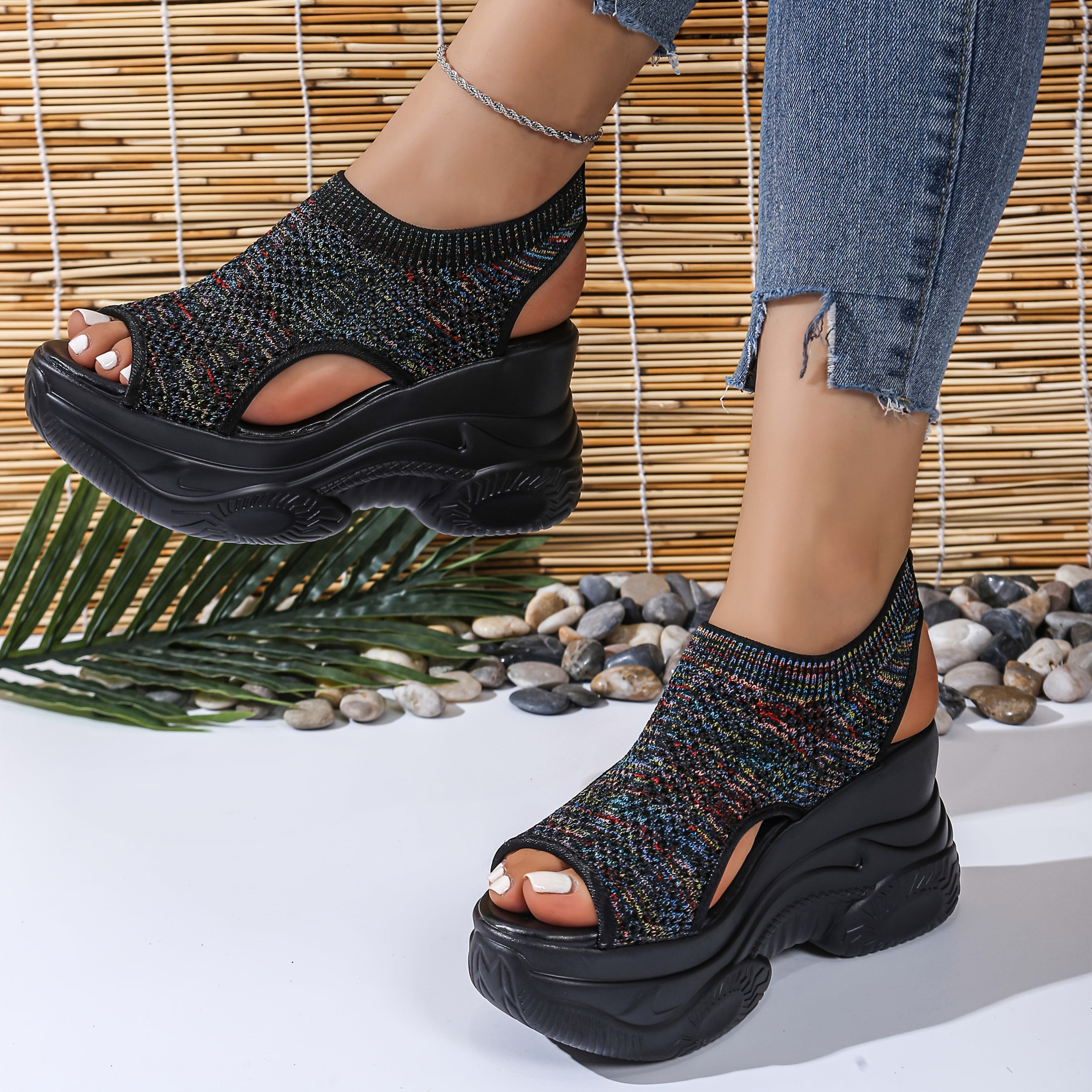 Women'S Lightweight Breathable Crochet Wedge Sandals - Open-Toe Thick Sole Casual Shoes with Ankle Strap, White & Colorful Geometric Pattern, Perfect for Casual Attire, Strappy Sandals