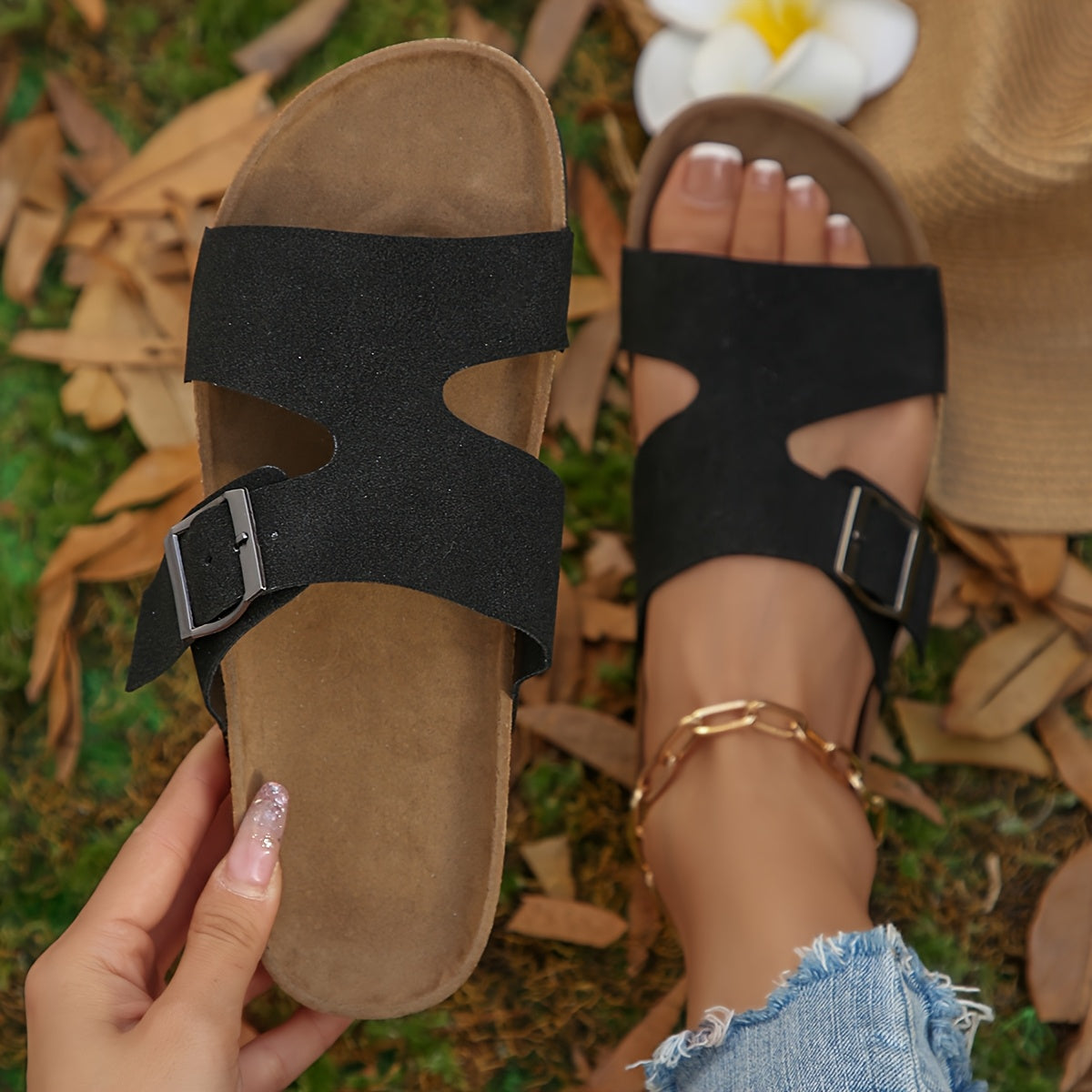 Women's Casual Slip-On Flat Sandals - Soft Cover Fabric with Adjustable Ankle Strap, Lightweight Breathable Summer Shoes, Black with Golden Accents, Comfortable for Casual Attire, Open Toe Design, Durable Tpr Sole