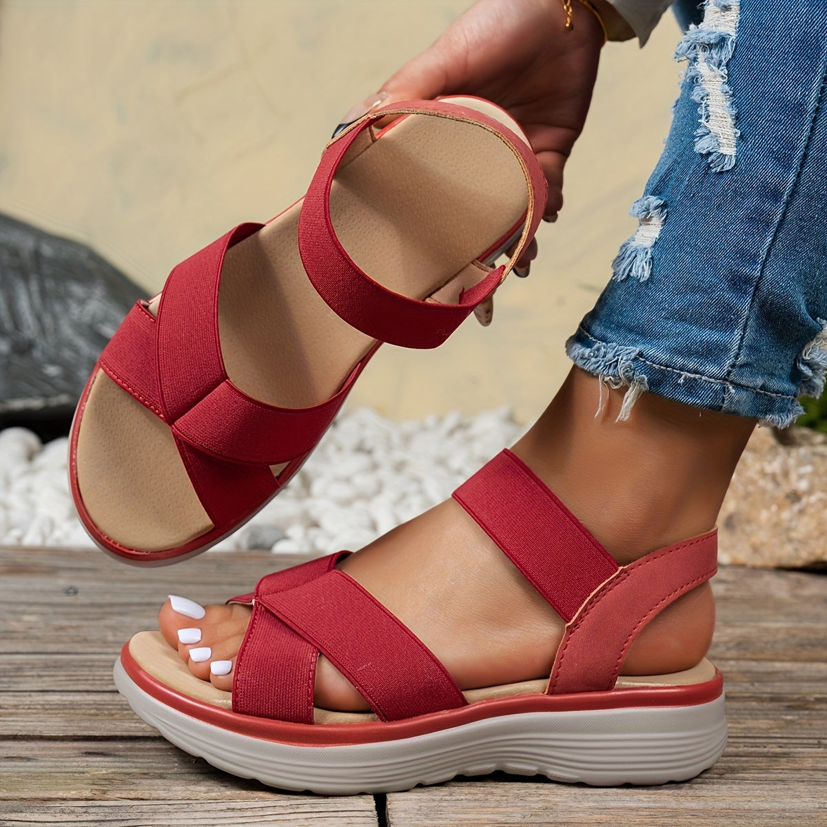 [Stylish Flat Sandals] Stylish UMIK Women's Flat Sandals | Elastic Strap, Crisscross Design, Casual Summer Flats, Sporty Leisure Shoes