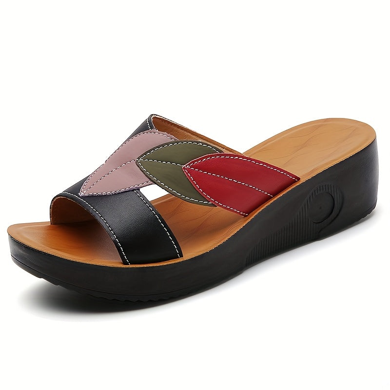Women's Summer Leaf-Decorated Slip-On Sandals - Thick Cushioned TPU Sole, Non-Slip Soft Synthetic Cover, Open-Toe Casual Comfort for Beach & Casual Attire, Beach Shoes, Leisure Footwear, Decorative Leaf Design, Durable Traction Sole