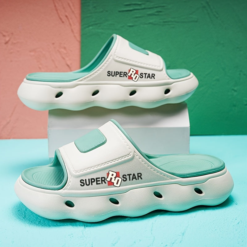 Women's SUPER STAR Print EVA Slide Sandals - High Quality Slip-Resistant Soft Sole Open-Toe Beach Slippers for Outdoor, Casual & Home Use - Light Beige with Teal Accents, Indoor Slippers | Opentoe Sandals | Lightweight Sandals