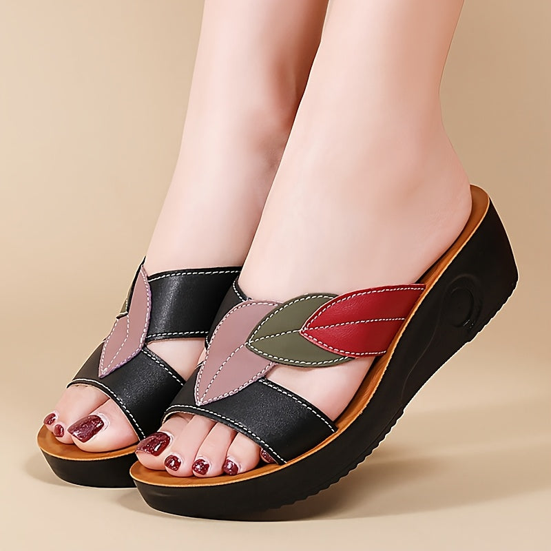 Women's Summer Leaf-Decorated Slip-On Sandals - Thick Cushioned TPU Sole, Non-Slip Soft Synthetic Cover, Open-Toe Casual Comfort for Beach & Casual Attire, Beach Shoes, Leisure Footwear, Decorative Leaf Design, Durable Traction Sole