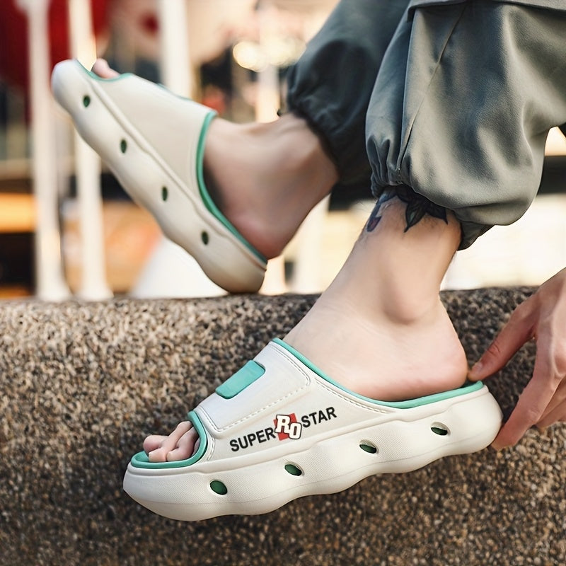 Women's SUPER STAR Print EVA Slide Sandals - High Quality Slip-Resistant Soft Sole Open-Toe Beach Slippers for Outdoor, Casual & Home Use - Light Beige with Teal Accents, Indoor Slippers | Opentoe Sandals | Lightweight Sandals