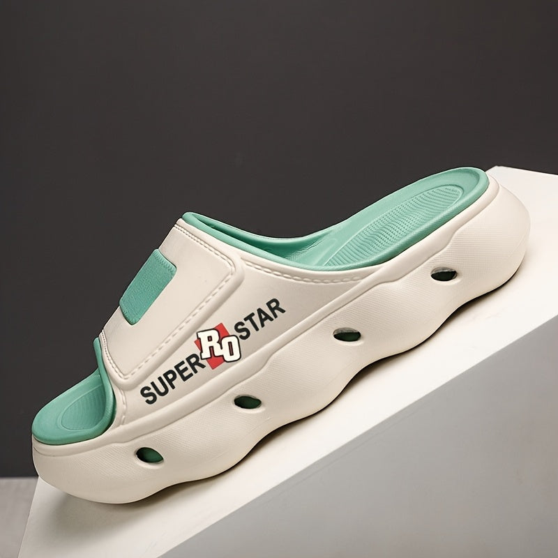 Women's SUPER STAR Print EVA Slide Sandals - High Quality Slip-Resistant Soft Sole Open-Toe Beach Slippers for Outdoor, Casual & Home Use - Light Beige with Teal Accents, Indoor Slippers | Opentoe Sandals | Lightweight Sandals