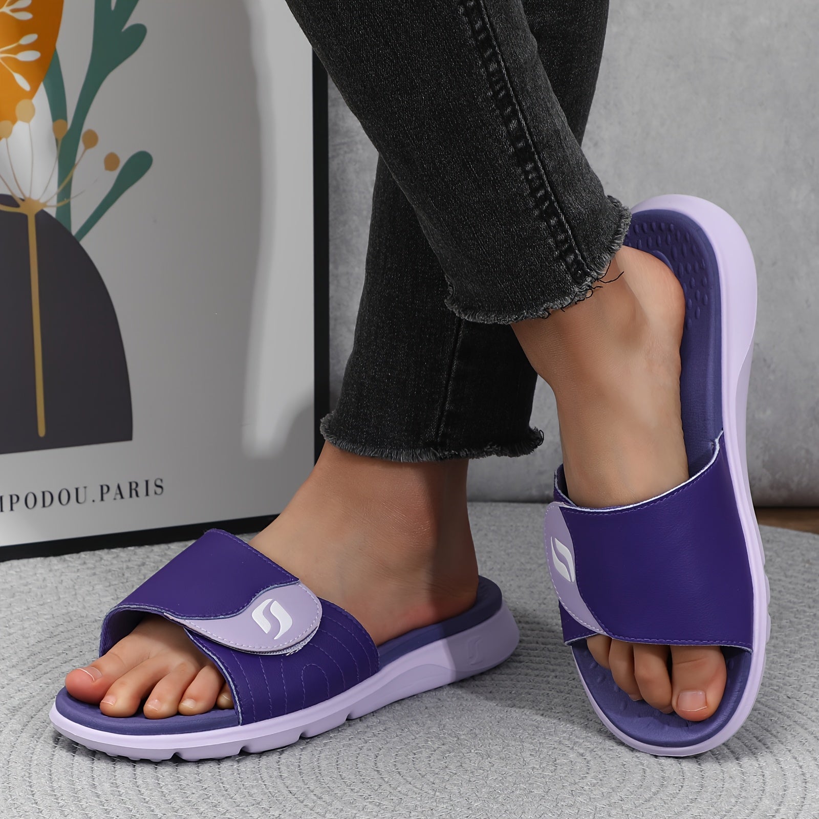Women'S Orthopedic Slide Sandals with Adjustable Hook-and-Loop Strap - Black Open Toe Arch Support Shoes for Casual Wear, Beach, and Everyday Use, Everyday Footwear | Stylish Fisherman Footwear | Comfortable EVA Materia