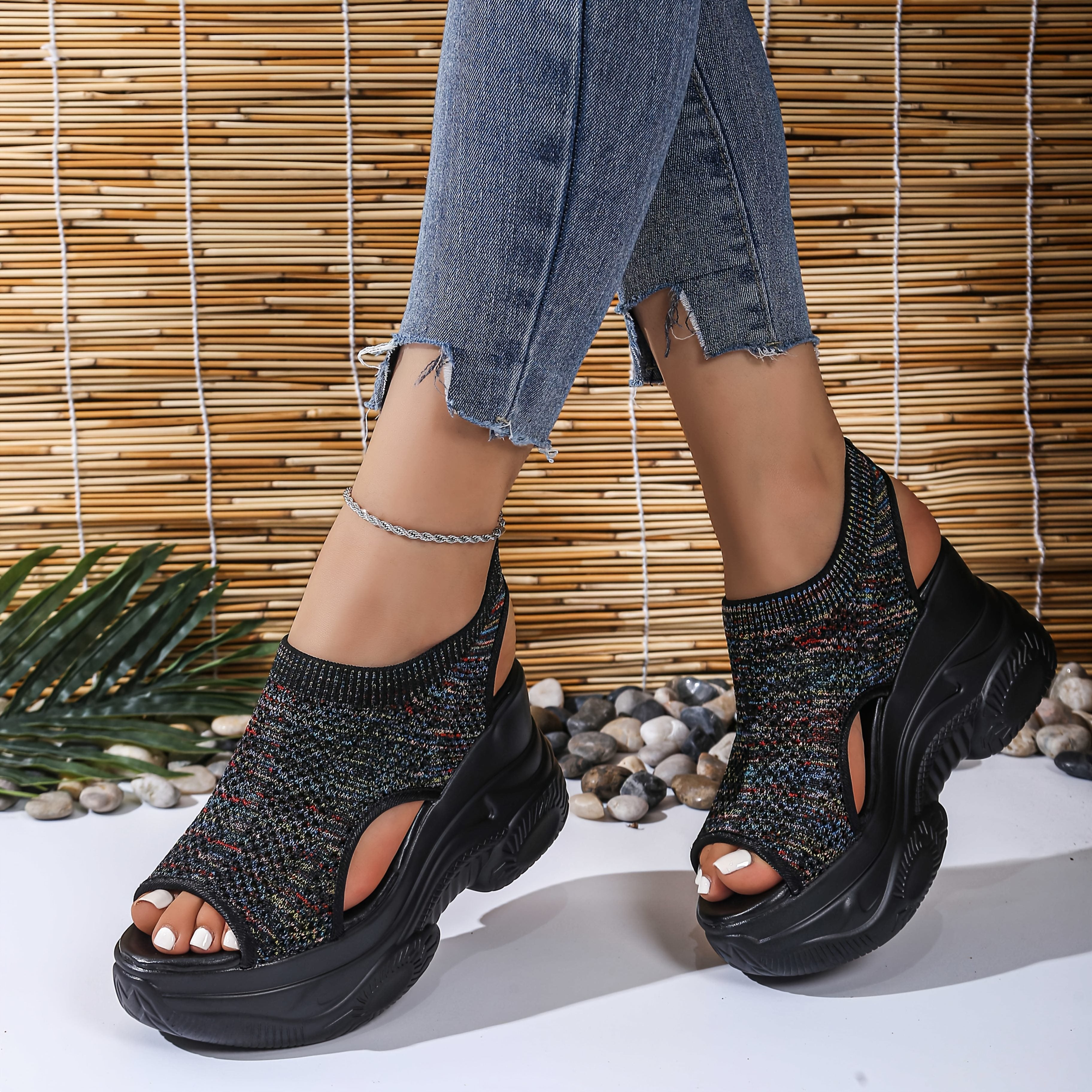 Women'S Lightweight Breathable Crochet Wedge Sandals - Open-Toe Thick Sole Casual Shoes with Ankle Strap, White & Colorful Geometric Pattern, Perfect for Casual Attire, Strappy Sandals