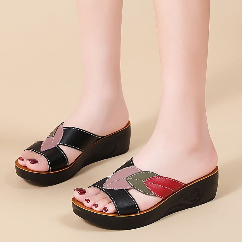 Women's Summer Leaf-Decorated Slip-On Sandals - Thick Cushioned TPU Sole, Non-Slip Soft Synthetic Cover, Open-Toe Casual Comfort for Beach & Casual Attire, Beach Shoes, Leisure Footwear, Decorative Leaf Design, Durable Traction Sole
