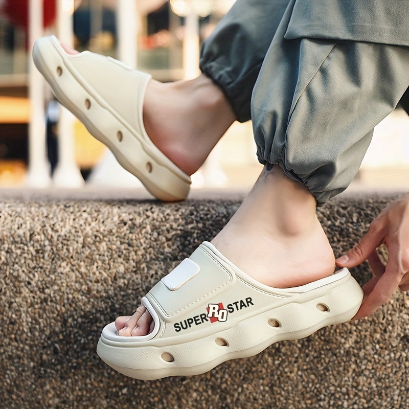 Women's SUPER STAR Print EVA Slide Sandals - High Quality Slip-Resistant Soft Sole Open-Toe Beach Slippers for Outdoor, Casual & Home Use - Light Beige with Teal Accents, Indoor Slippers | Opentoe Sandals | Lightweight Sandals