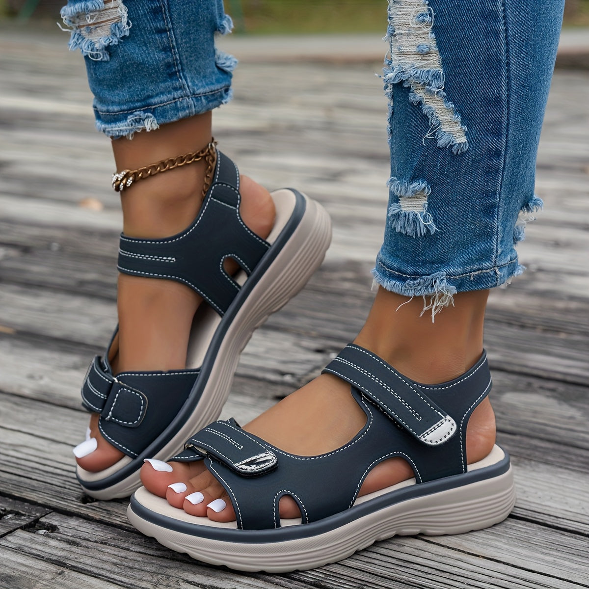 [Summer Sandals] CNSN Women's Ankle Strap Sandals | Thick Platform Wedge Heel, Breathable PU Cover, Open-Toe Casual Beach Shoes with Cushioned Insole & Secure Straps for Summer Outdoor Comfort
