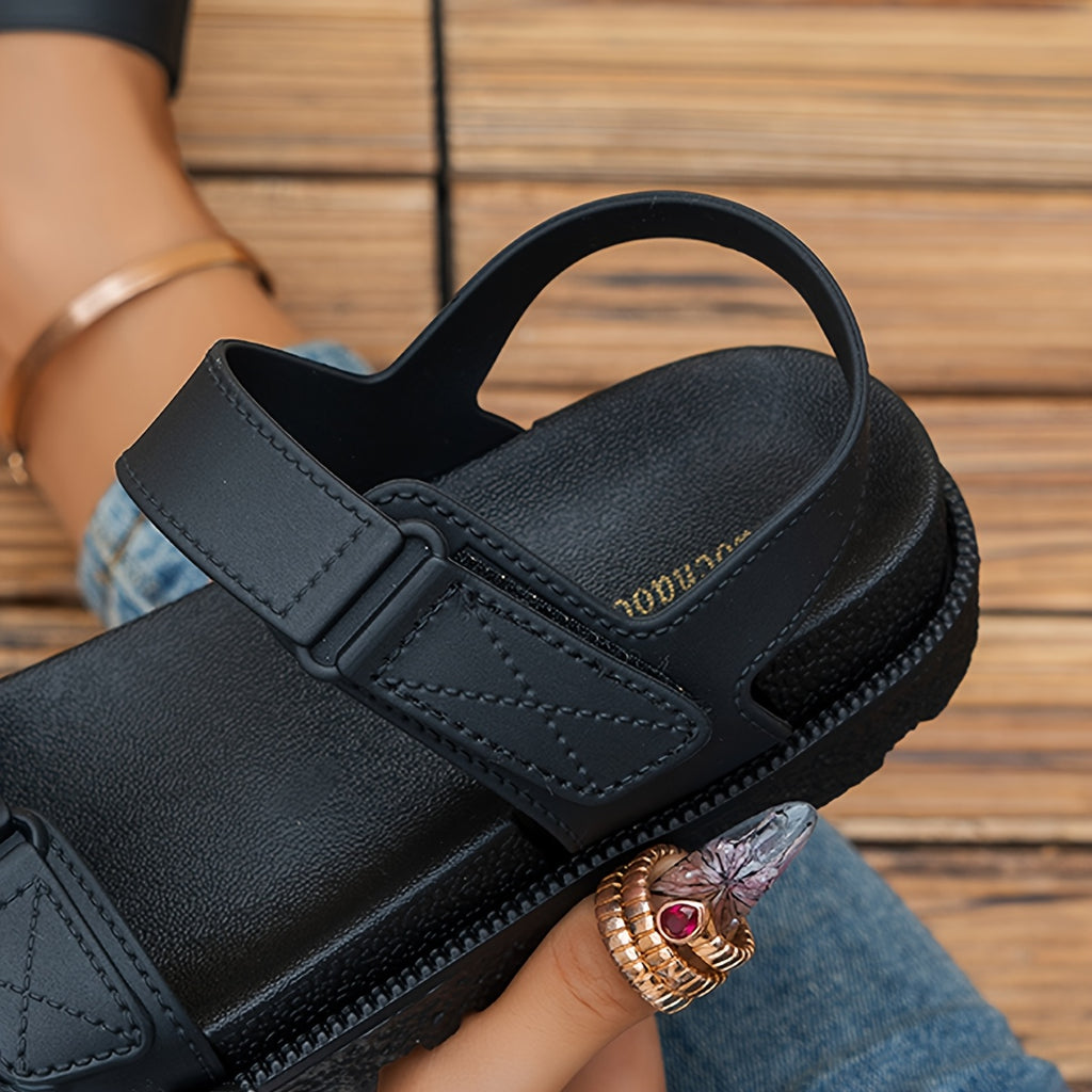 Women's Summer Shoes with Adjustable Strap - Open-Toe Flat sandals, Non-Slip Rubber Sole, Cushioned Insole - Black for Beach, Casual, Office - Extended Sizes Available, Ladies Shoes And Sandals, Casual Footwear, Opentoe Sandals, Durable PVC Upper, Beach