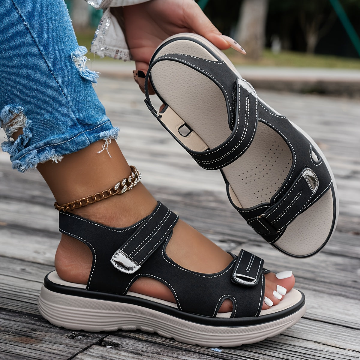 [Summer Sandals] CNSN Women's Ankle Strap Sandals | Thick Platform Wedge Heel, Breathable PU Cover, Open-Toe Casual Beach Shoes with Cushioned Insole & Secure Straps for Summer Outdoor Comfort