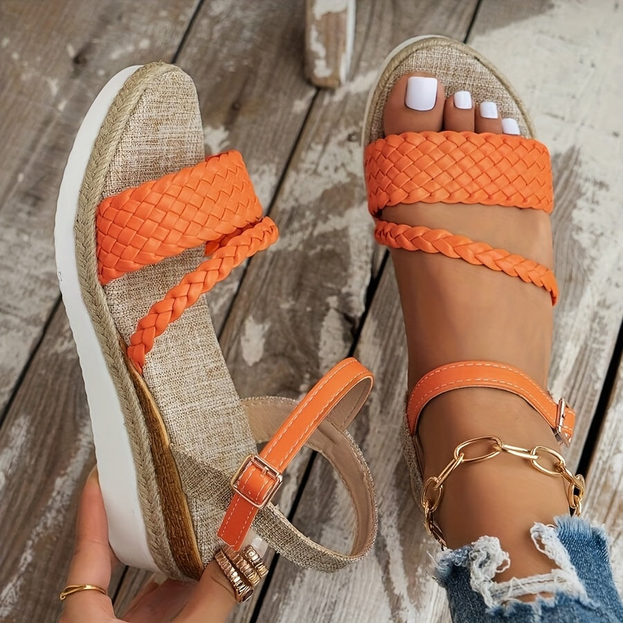 [Chic Sandals] Thick Platform Wedge Heel Women's Woven Design Sandals | Adjustable Ankle Strap, Breathable Faux Cover Open-Toe, Durable Rubber Sole, Strappy Summer Beach Shoes for Vacation, Outings, and Warm Weather