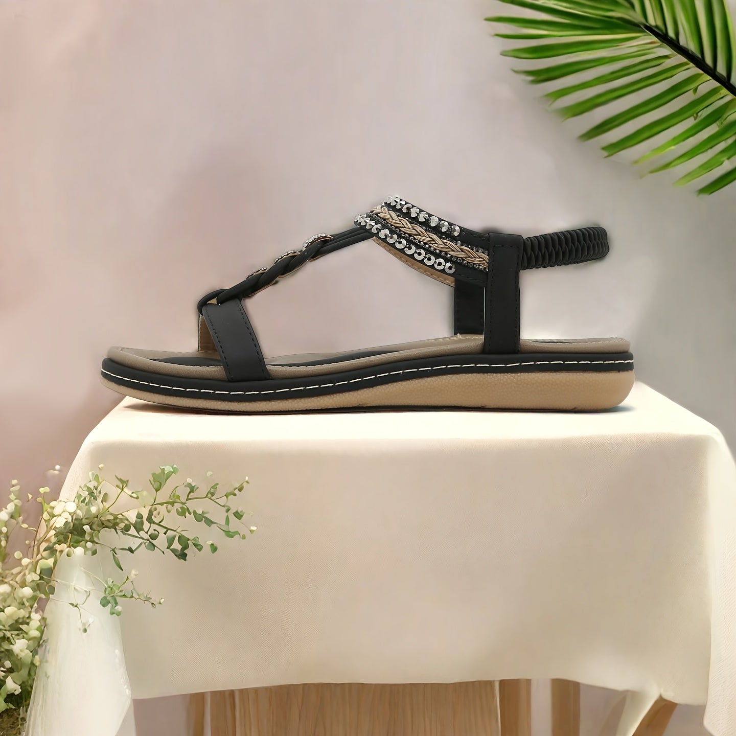 Women'S Bohemian Flat Sandals - Elastic Ankle Strap, Open-Toe Summer Beach Shoes with PU Cover Upper & Rubber Sole, Comfortable Casual Dressy Footwear for Casual Attire, Strappy Sandals, Comfortable Footwear, Durable Traction Footwear, Vacation Shoes,
