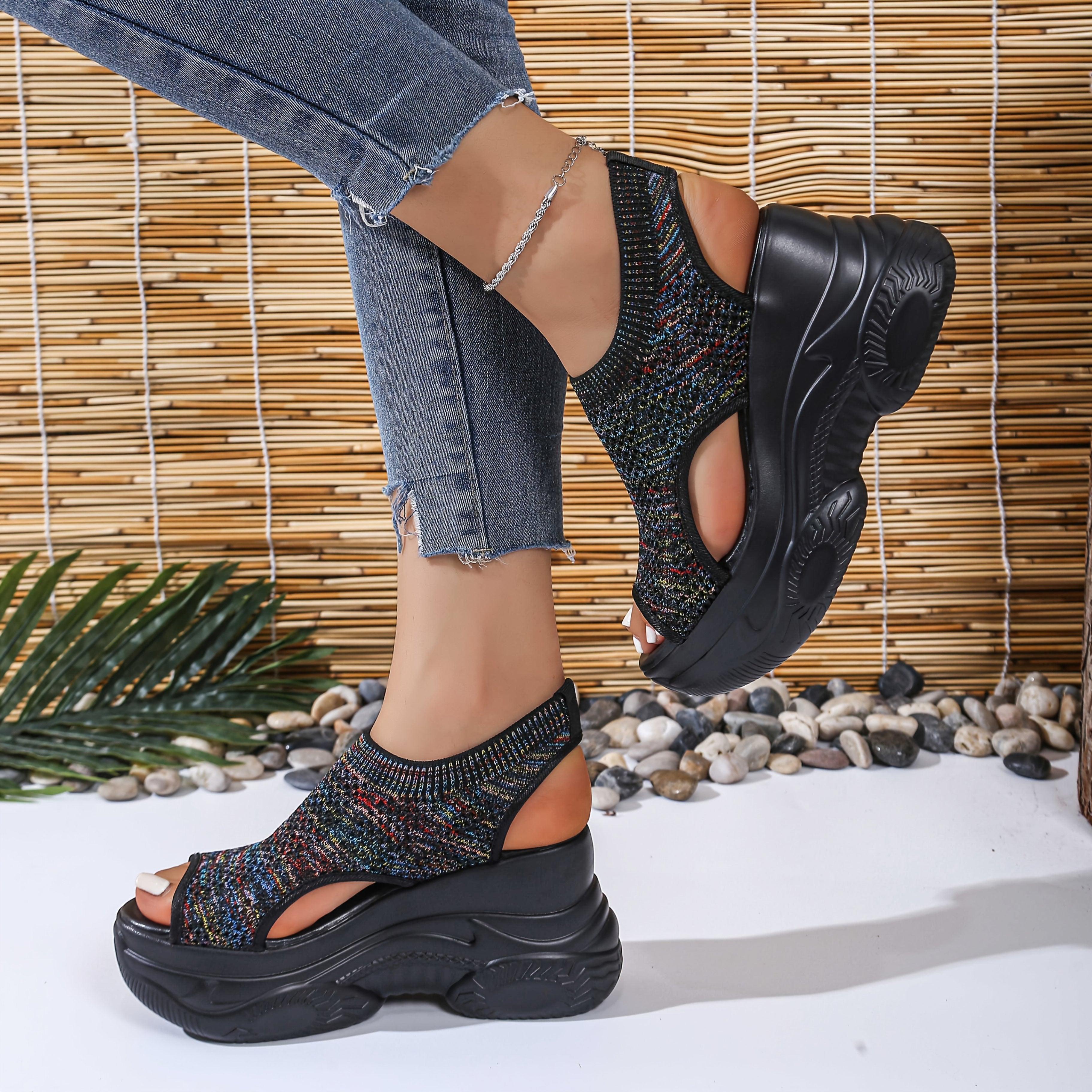 Women'S Lightweight Breathable Crochet Wedge Sandals - Open-Toe Thick Sole Casual Shoes with Ankle Strap, White & Colorful Geometric Pattern, Perfect for Casual Attire, Strappy Sandals