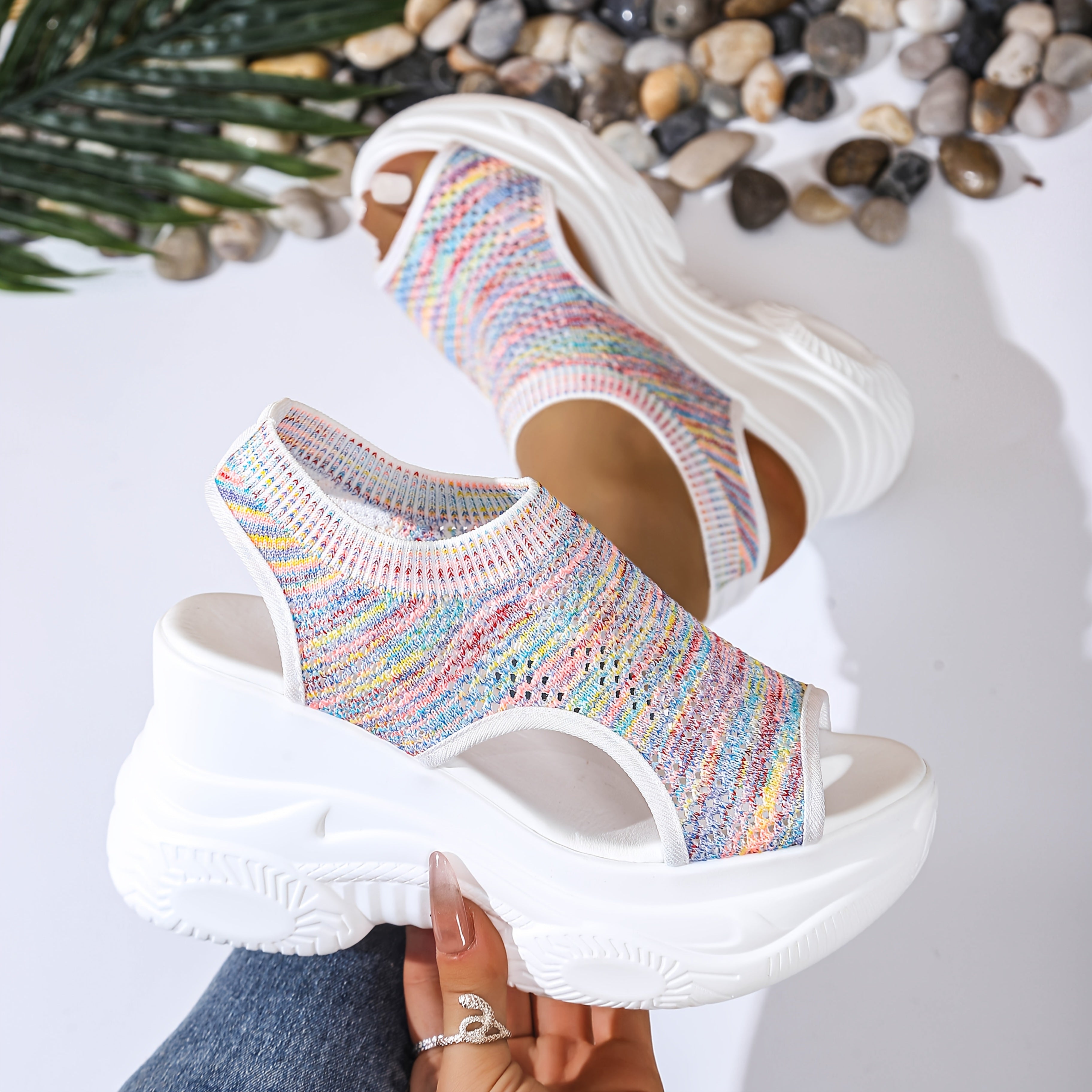 Women'S Lightweight Breathable Crochet Wedge Sandals - Open-Toe Thick Sole Casual Shoes with Ankle Strap, White & Colorful Geometric Pattern, Perfect for Casual Attire, Strappy Sandals