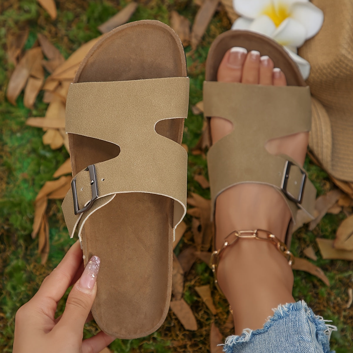Women's Casual Slip-On Flat Sandals - Soft Cover Fabric with Adjustable Ankle Strap, Lightweight Breathable Summer Shoes, Black with Golden Accents, Comfortable for Casual Attire, Open Toe Design, Durable Tpr Sole