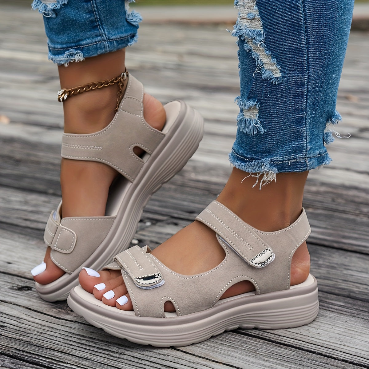 [Summer Sandals] CNSN Women's Ankle Strap Sandals | Thick Platform Wedge Heel, Breathable PU Cover, Open-Toe Casual Beach Shoes with Cushioned Insole & Secure Straps for Summer Outdoor Comfort