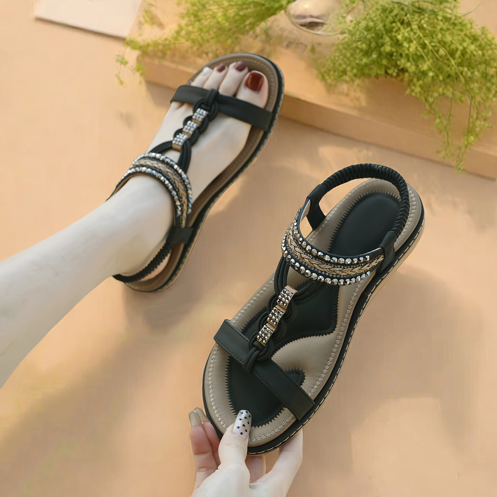 Women'S Bohemian Flat Sandals - Elastic Ankle Strap, Open-Toe Summer Beach Shoes with PU Cover Upper & Rubber Sole, Comfortable Casual Dressy Footwear for Casual Attire, Strappy Sandals, Comfortable Footwear, Durable Traction Footwear, Vacation Shoes,