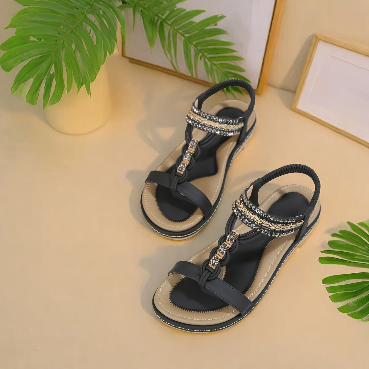 Women'S Bohemian Flat Sandals - Elastic Ankle Strap, Open-Toe Summer Beach Shoes with PU Cover Upper & Rubber Sole, Comfortable Casual Dressy Footwear for Casual Attire, Strappy Sandals, Comfortable Footwear, Durable Traction Footwear, Vacation Shoes,