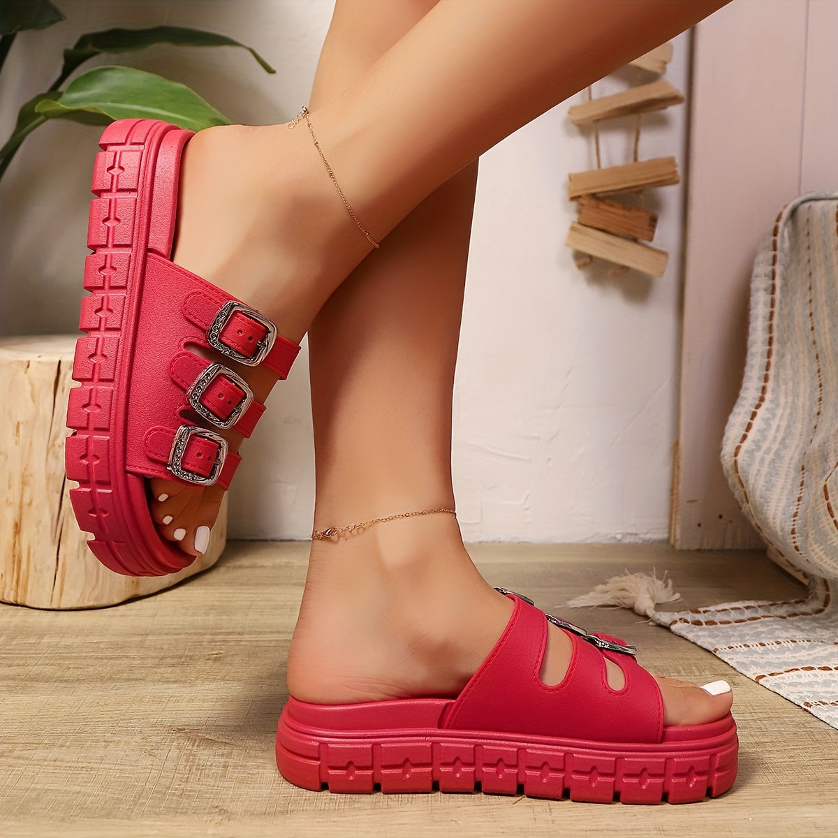 Women'S Beach Vacation Sandals with Thick Sole, Three Buckle Straps, Comfortable And Breathable, Non-Slip, Bohemian Style, Perfect for Summer Outdoor And Home Use