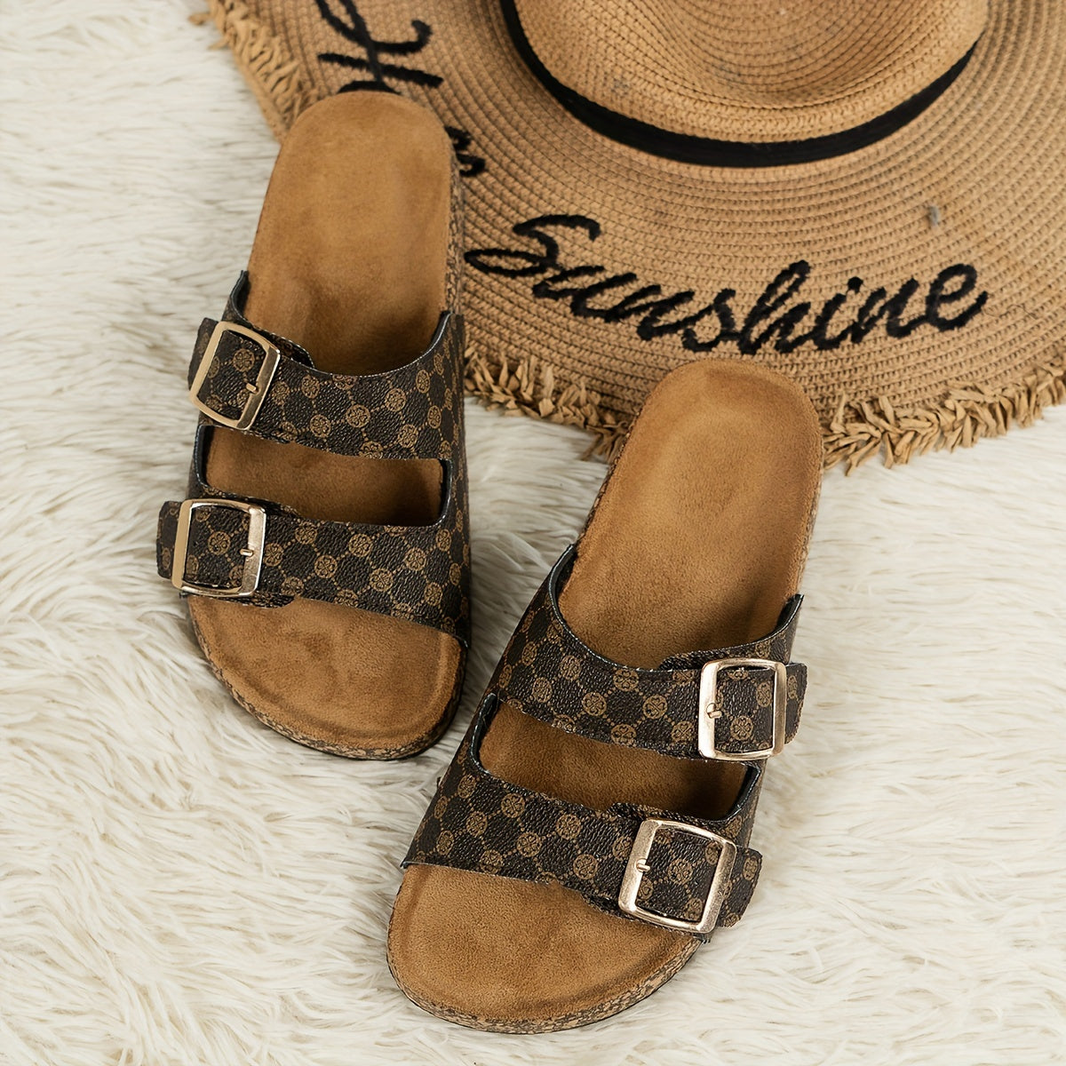 Women's Summer Slide Sandals - Comfortable Flat Sole, Double Buckle Design, Open Toe, PU Cover