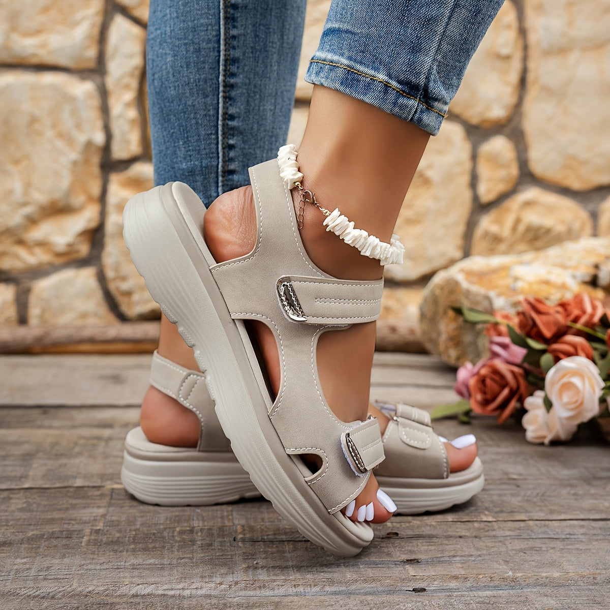 [Comfortable Sandals] UMIK Women's Comfortable Solid Color Thick-Soled Sandals | Casual Open-Toe Summer Footwear with Hook-and-Loop Ankle Straps