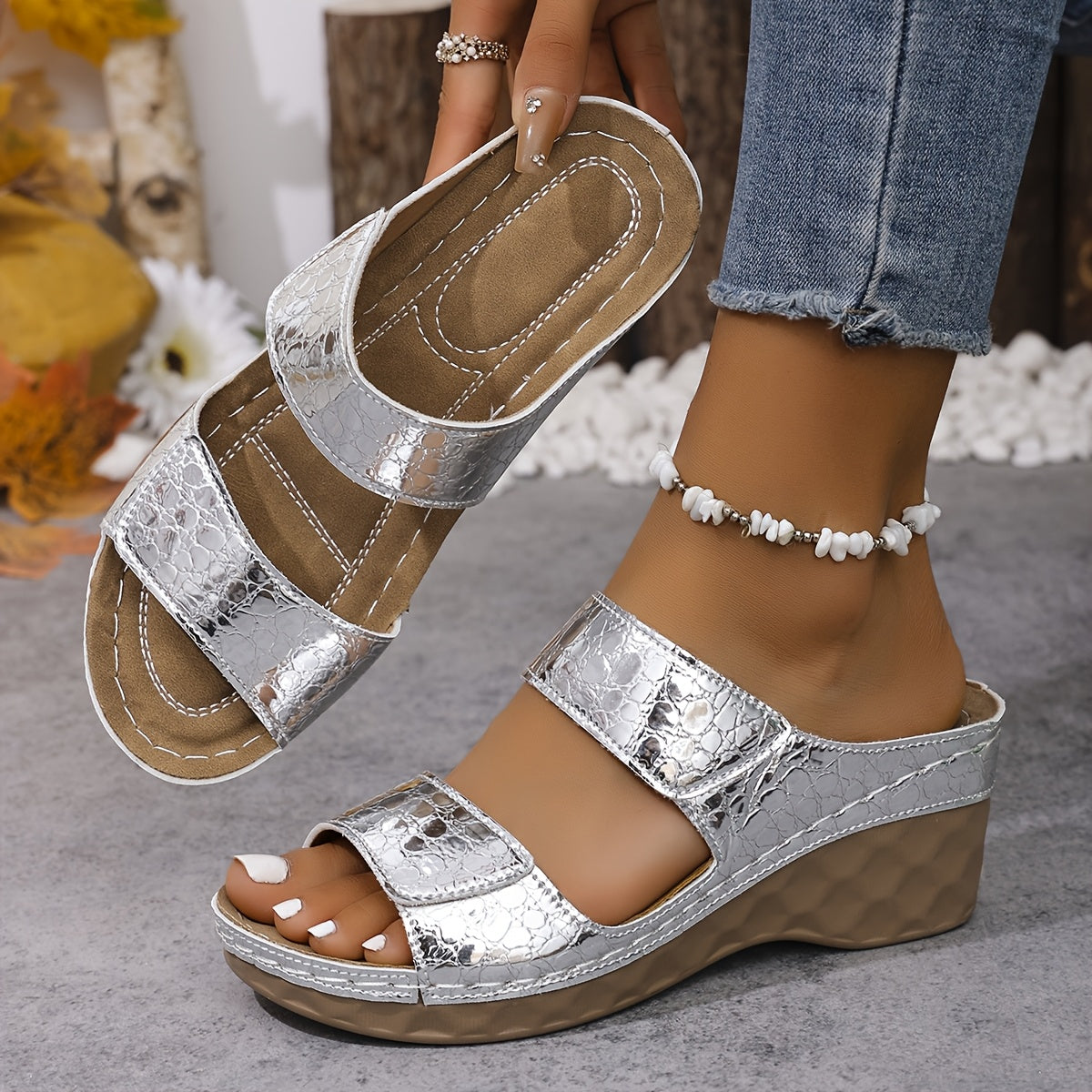 Women's Platform Sandals - Slip-Resistant Wedge Heel Platform Shoes with Arch Support, Beige/White Faux Cover Upper, Cushioned Insole & Arch Support - Beige/White/ Brown/Black/Gray - Casual to Formal Events - Wide Widths Available - Summer Sandals for