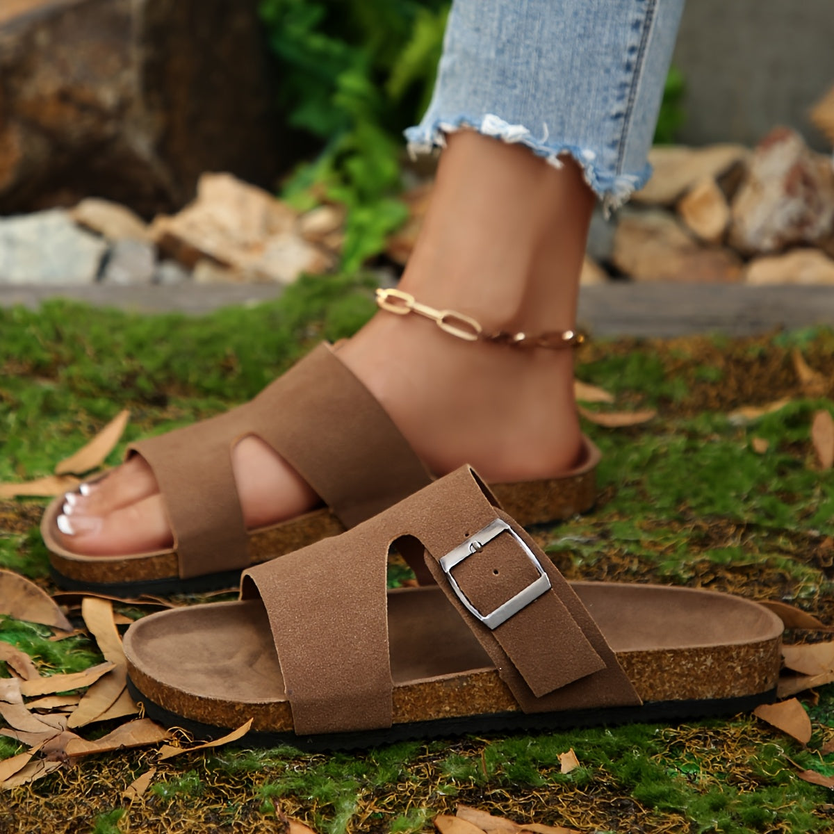 Women's Casual Slip-On Flat Sandals - Soft Cover Fabric with Adjustable Ankle Strap, Lightweight Breathable Summer Shoes, Black with Golden Accents, Comfortable for Casual Attire, Open Toe Design, Durable Tpr Sole