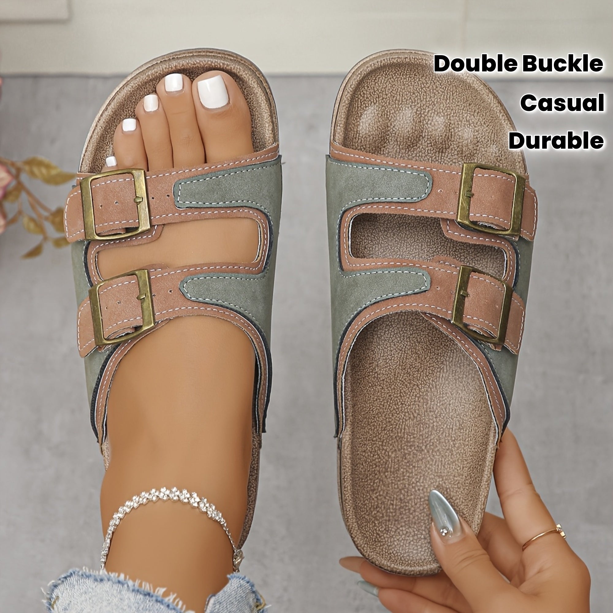 [Vintage Adjustable Sandals] Vintage-Style Women's Adjustable Strap Sandals | Double Buckle Closure, Synthetic Cover Upper & EVA Sole, Open-Toe Slip-On Design for All-Season Comfort, Casual & Durable Footwear