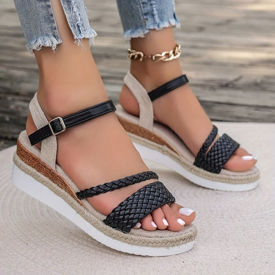 [Chic Sandals] Thick Platform Wedge Heel Women's Woven Design Sandals | Adjustable Ankle Strap, Breathable Faux Cover Open-Toe, Durable Rubber Sole, Strappy Summer Beach Shoes for Vacation, Outings, and Warm Weather