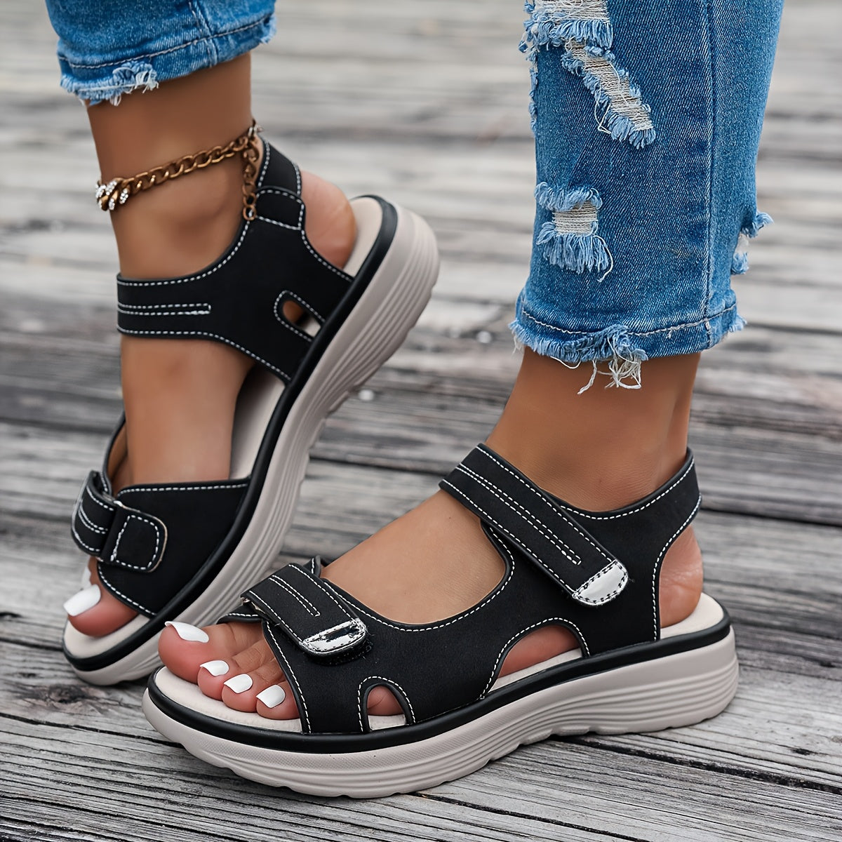 [Summer Sandals] CNSN Women's Ankle Strap Sandals | Thick Platform Wedge Heel, Breathable PU Cover, Open-Toe Casual Beach Shoes with Cushioned Insole & Secure Straps for Summer Outdoor Comfort