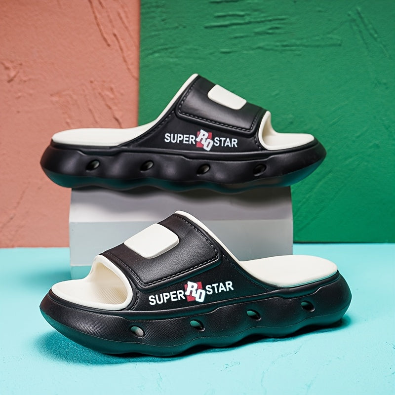 Women's SUPER STAR Print EVA Slide Sandals - High Quality Slip-Resistant Soft Sole Open-Toe Beach Slippers for Outdoor, Casual & Home Use - Light Beige with Teal Accents, Indoor Slippers | Opentoe Sandals | Lightweight Sandals