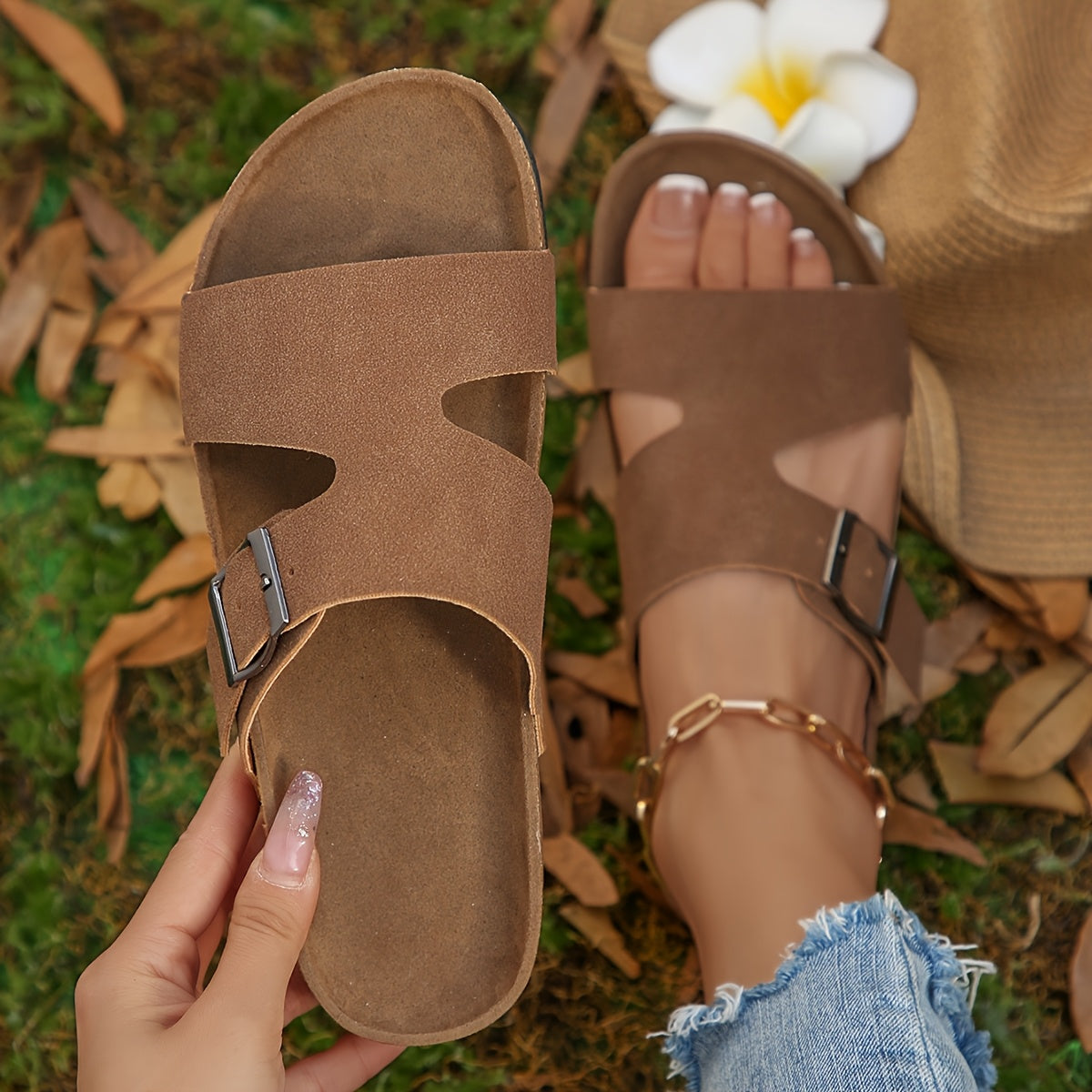 Women's Casual Slip-On Flat Sandals - Soft Cover Fabric with Adjustable Ankle Strap, Lightweight Breathable Summer Shoes, Black with Golden Accents, Comfortable for Casual Attire, Open Toe Design, Durable Tpr Sole