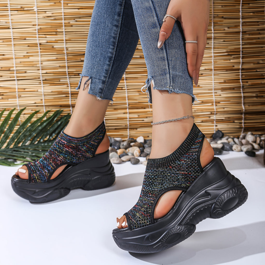 Women'S Lightweight Breathable Crochet Wedge Sandals - Open-Toe Thick Sole Casual Shoes with Ankle Strap, White & Colorful Geometric Pattern, Perfect for Casual Attire, Strappy Sandals