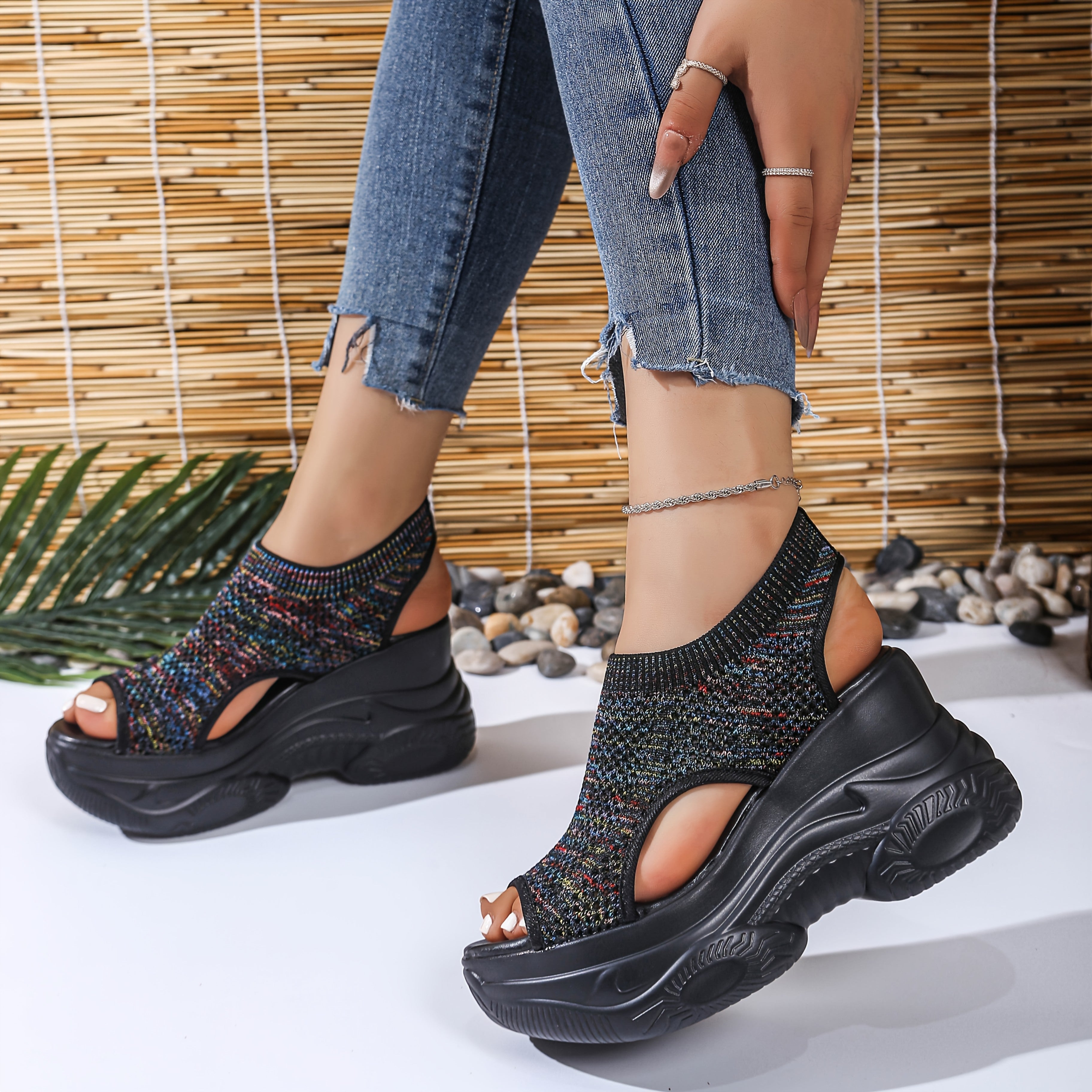 Women'S Lightweight Breathable Crochet Wedge Sandals - Open-Toe Thick Sole Casual Shoes with Ankle Strap, White & Colorful Geometric Pattern, Perfect for Casual Attire, Strappy Sandals