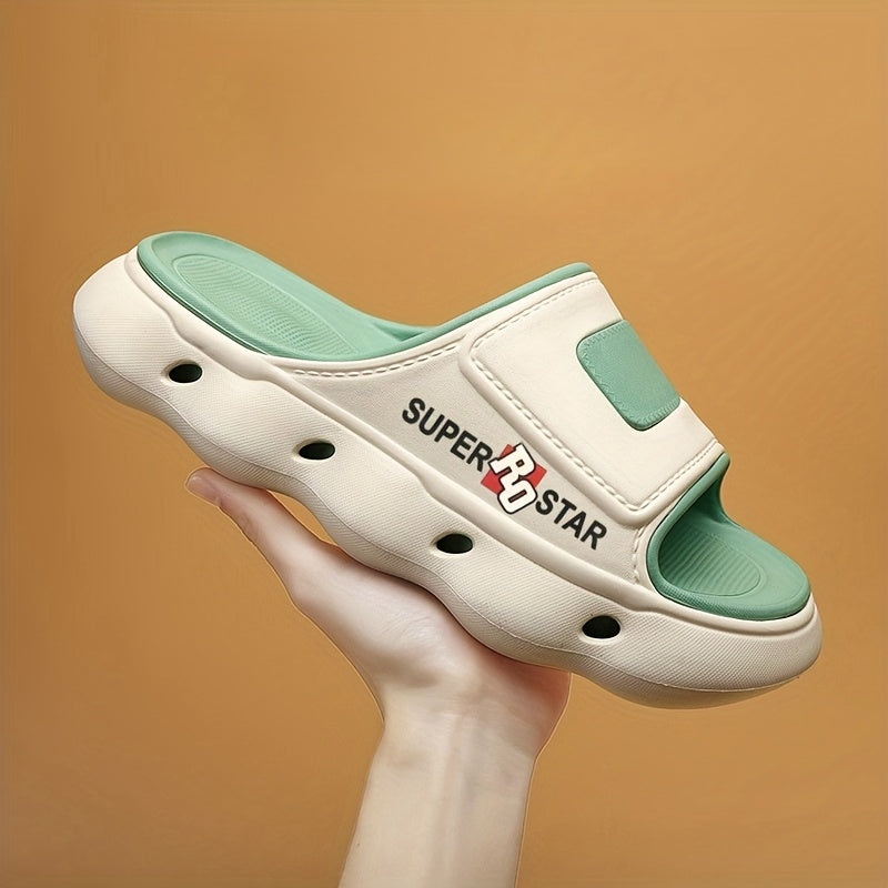 Women's SUPER STAR Print EVA Slide Sandals - High Quality Slip-Resistant Soft Sole Open-Toe Beach Slippers for Outdoor, Casual & Home Use - Light Beige with Teal Accents, Indoor Slippers | Opentoe Sandals | Lightweight Sandals