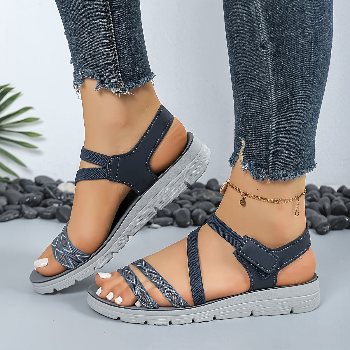 Women's Summer Sandals - Lightweight Breathable Slip-Ons with Soft TPR Sole, Open-Toe Beach Shoes for Pool, Casual Outfits - Grey/Blue Accents (Soft Cushioned Insole) - Easy-Clean Footbed, Wide Width Sandals, Leisure Footwear, Adjustable Straps, Durable