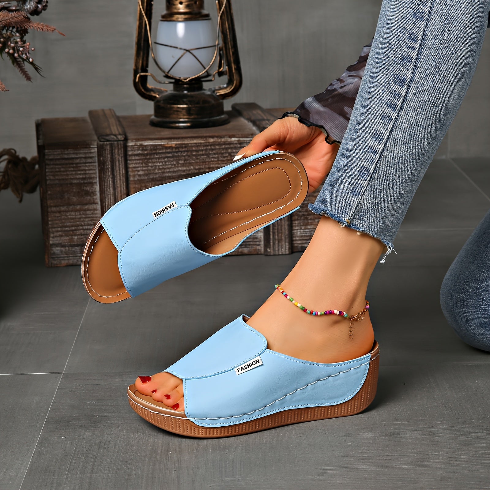 [Comfortable Slide Sandals] Comfortable ZPLXQQ Women's Light Blue Slide Sandals | Arch Support, Breathable Open-Toe Design with Soft Rubber Sole, Casual Mid-Heel Slip-On Shoes for Casual Attire, Faux Cover Upper