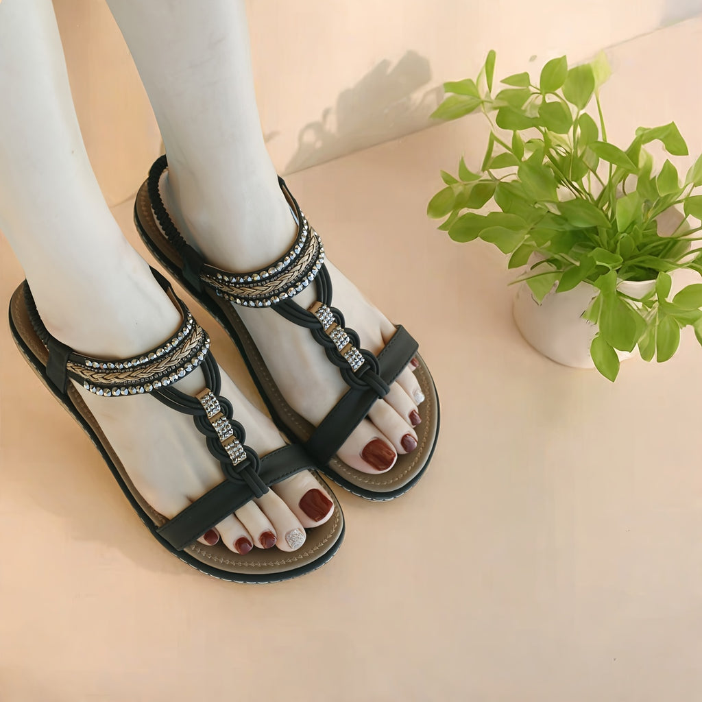 Women'S Bohemian Flat Sandals - Elastic Ankle Strap, Open-Toe Summer Beach Shoes with PU Cover Upper & Rubber Sole, Comfortable Casual Dressy Footwear for Casual Attire, Strappy Sandals, Comfortable Footwear, Durable Traction Footwear, Vacation Shoes,