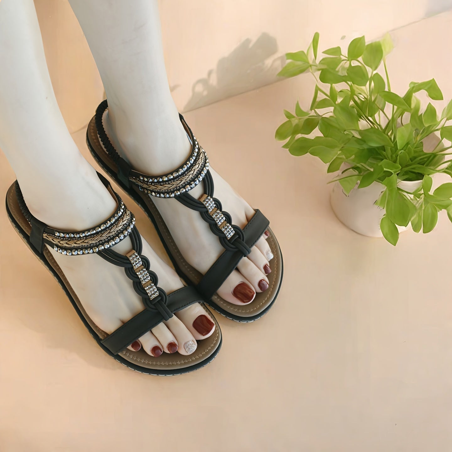 Women'S Bohemian Flat Sandals - Elastic Ankle Strap, Open-Toe Summer Beach Shoes with PU Cover Upper & Rubber Sole, Comfortable Casual Dressy Footwear for Casual Attire, Strappy Sandals, Comfortable Footwear, Durable Traction Footwear, Vacation Shoes,